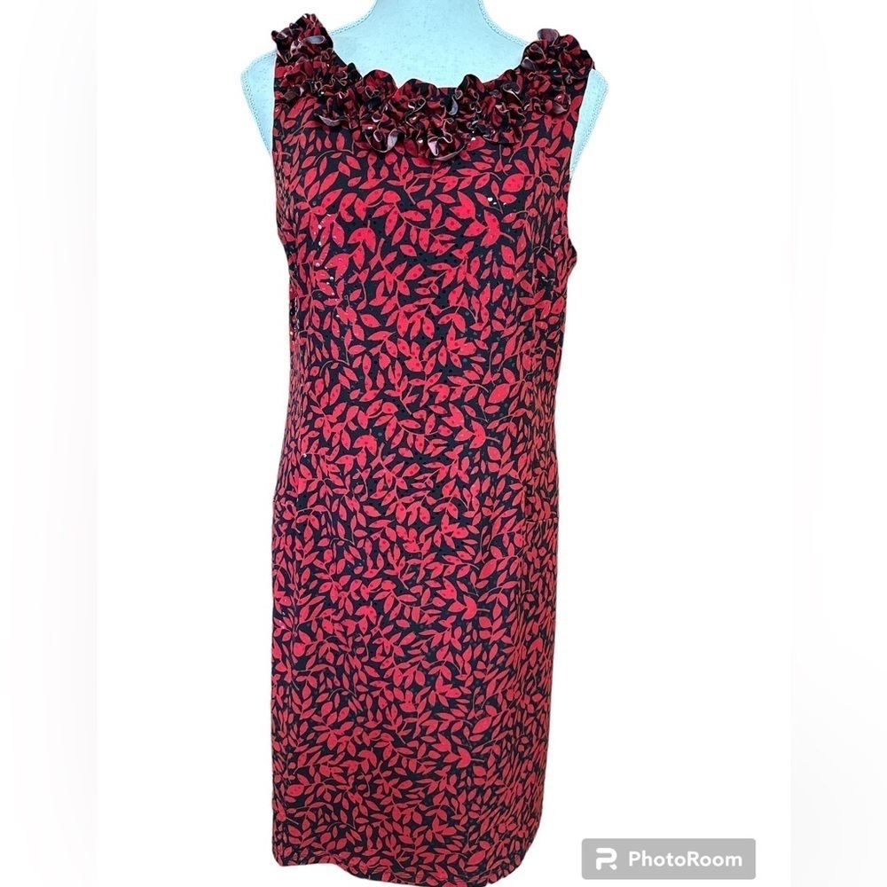 MSK Sleeveless Ruffled Scoop Neck BlackRed Abstract Leaf Clear Sequins Dress 12